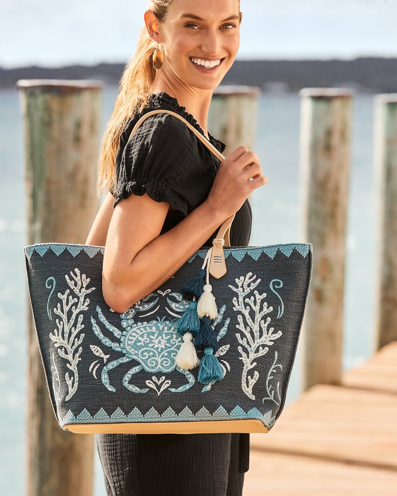 Embroidered Fiesta Crab Tote Blue | Tommy Bahama Quality - Embroidered Fiesta Crab Tote