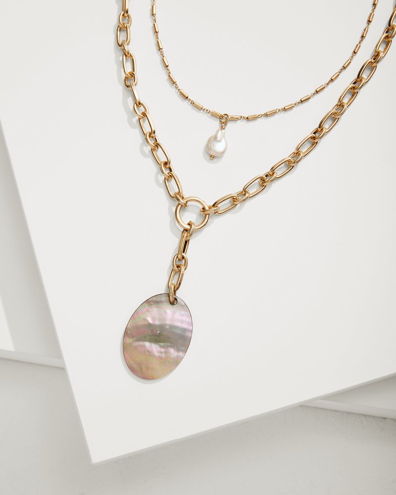 Seaside Layered Shell and Pearl Pendant Necklace Gold | Tommy Bahama New - Seaside Layered Shell and Pearl Pendant Necklace