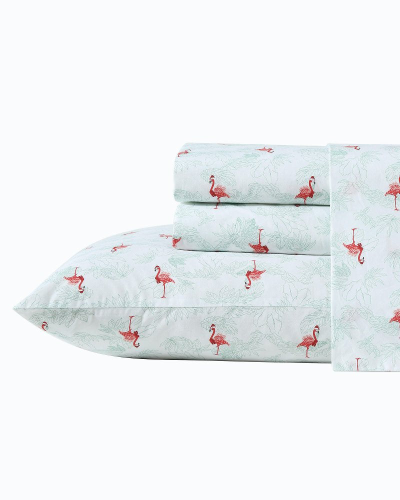 Flamingo Santa 4-Piece Queen Sheet Set Red/Green | Tommy Bahama Classic - Flamingo Santa 4-Piece Queen Sheet Set