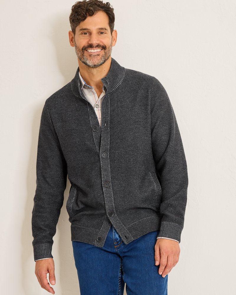 Crescent Shore IslandZone® Button-Mock Cardigan Charcoal | Tommy Bahama Featured - Crescent Shore IslandZone® Button-Mock Cardigan