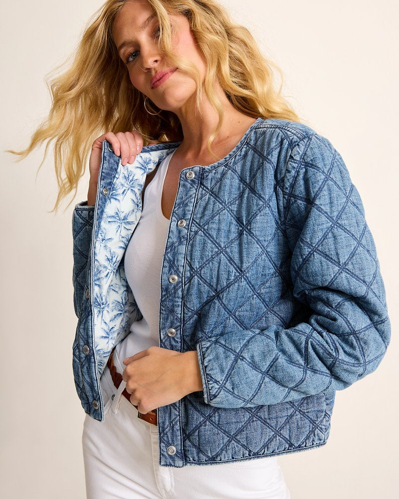 Quilted Cropped Denim Jacket Vintage Playa Wash | Tommy Bahama Signature - Quilted Cropped Denim Jacket