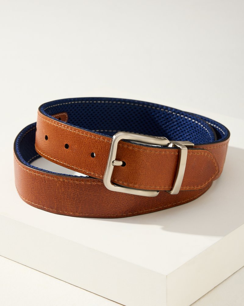 Leather Mesh Reversible Performance Belt Navy/Tan | Tommy Bahama Recommended - Leather Mesh Reversible Performance Belt