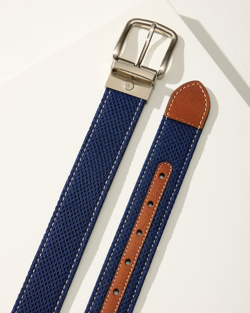 Leather Mesh Reversible Performance Belt Navy/Tan | Tommy Bahama Recommended - Leather Mesh Reversible Performance Belt