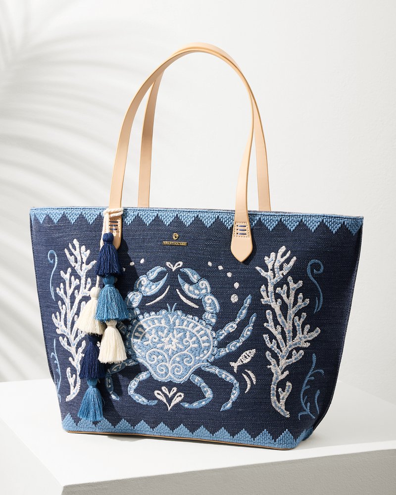 Embroidered Fiesta Crab Tote Blue | Tommy Bahama Quality - Embroidered Fiesta Crab Tote