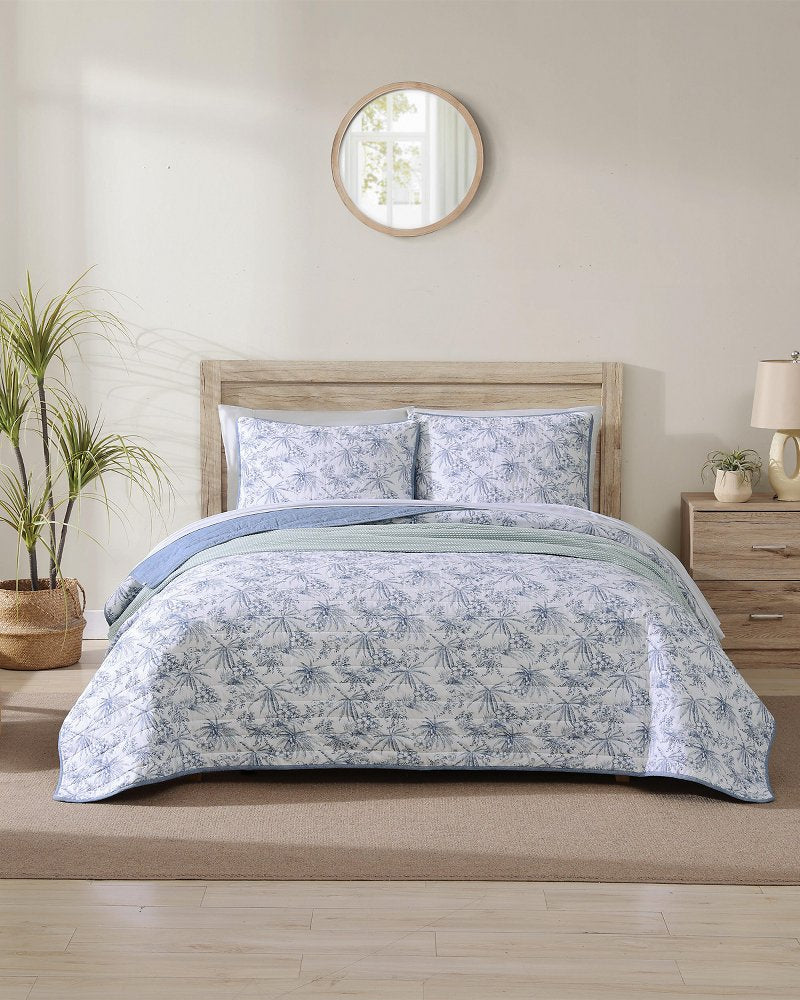 Pen and Ink Palm Reversible 2-Piece Twin Quilt Set Indigo | Tommy Bahama Quality - Pen and Ink Palm Reversible 2-Piece Twin Quilt Set