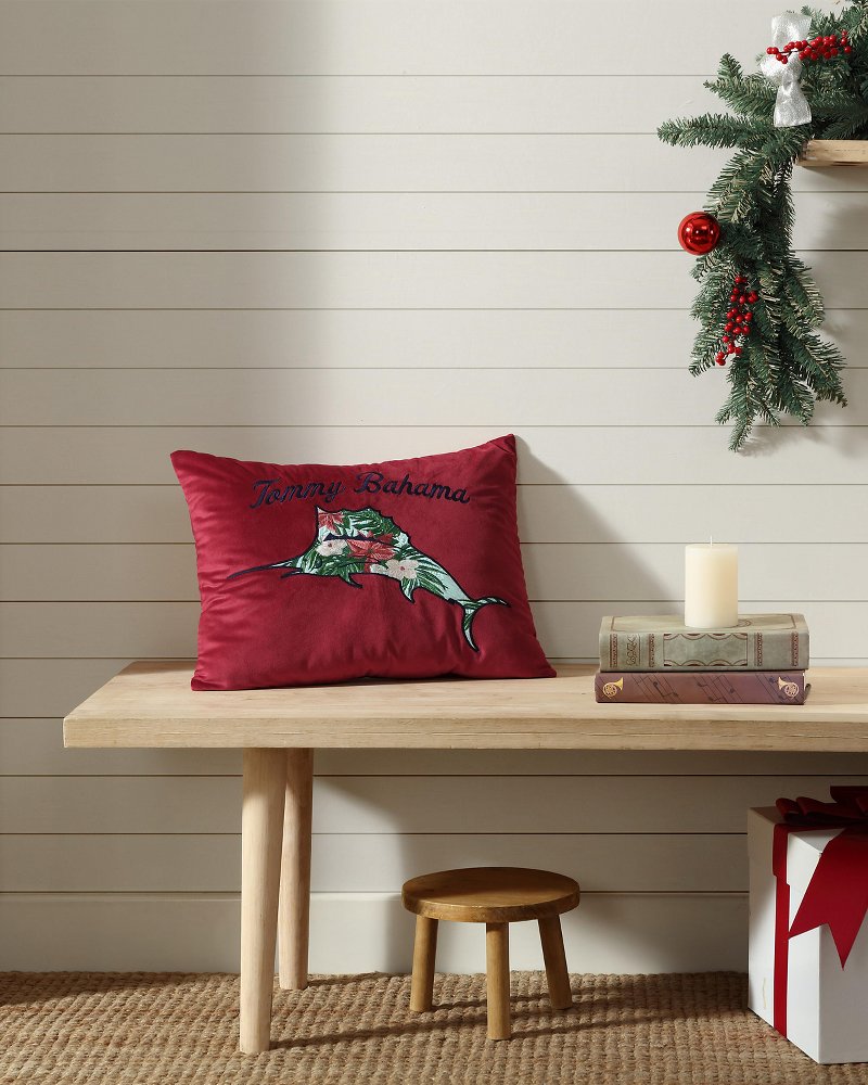 Holiday Marlin Velvet Embroidered Decorative Pillow Red | Tommy Bahama Smart Buy - Holiday Marlin Velvet Embroidered Decorative Pillow