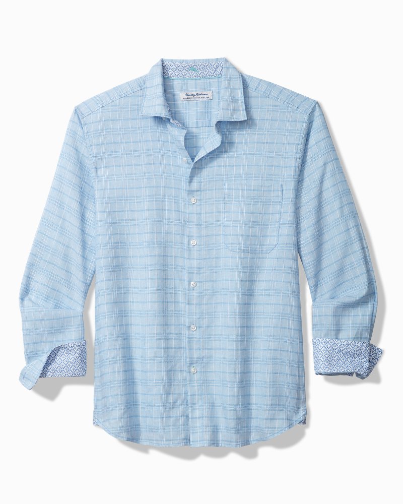 Barbados Breeze Playa Plaid Stretch-Linen Long-Sleeve Shirt Aqua Ice | Tommy Bahama Essential - Barbados Breeze Playa Plaid Stretch-Linen Long-Sleeve Shirt