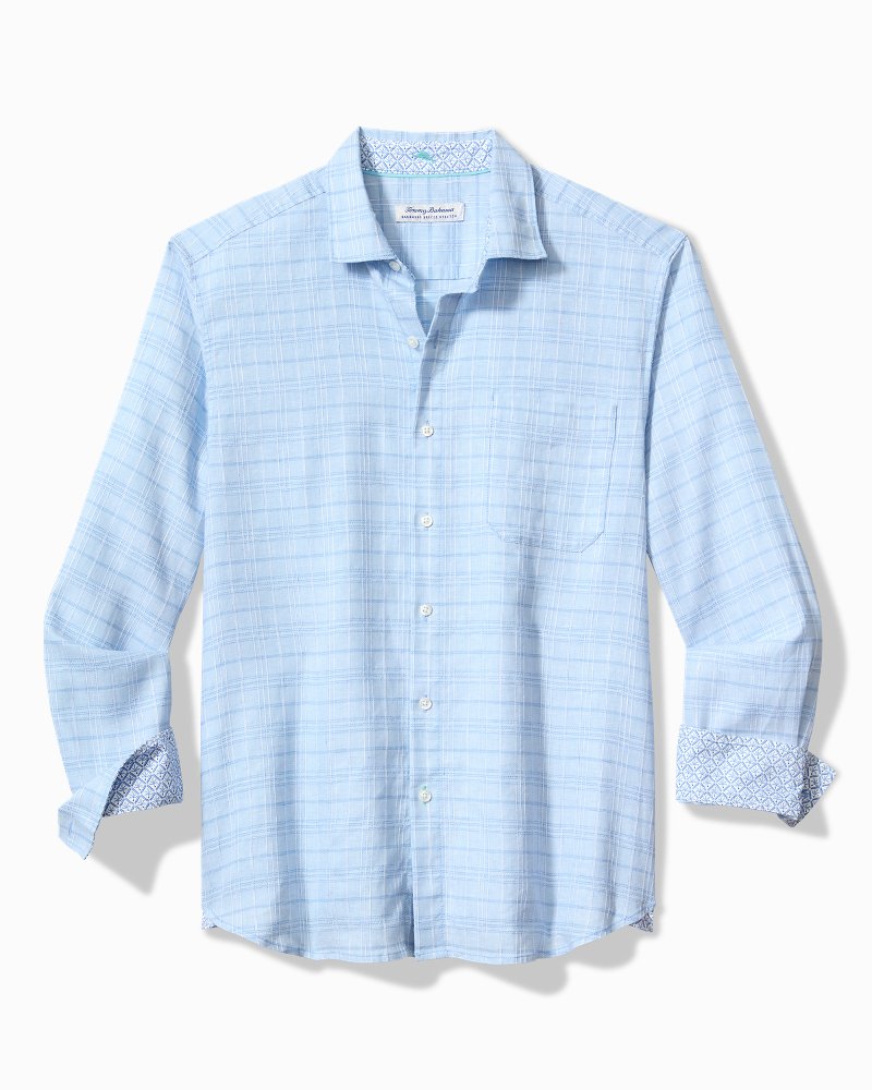 Barbados Breeze Playa Plaid Stretch-Linen Long-Sleeve Shirt Aqua Ice | Tommy Bahama Essential - Barbados Breeze Playa Plaid Stretch-Linen Long-Sleeve Shirt