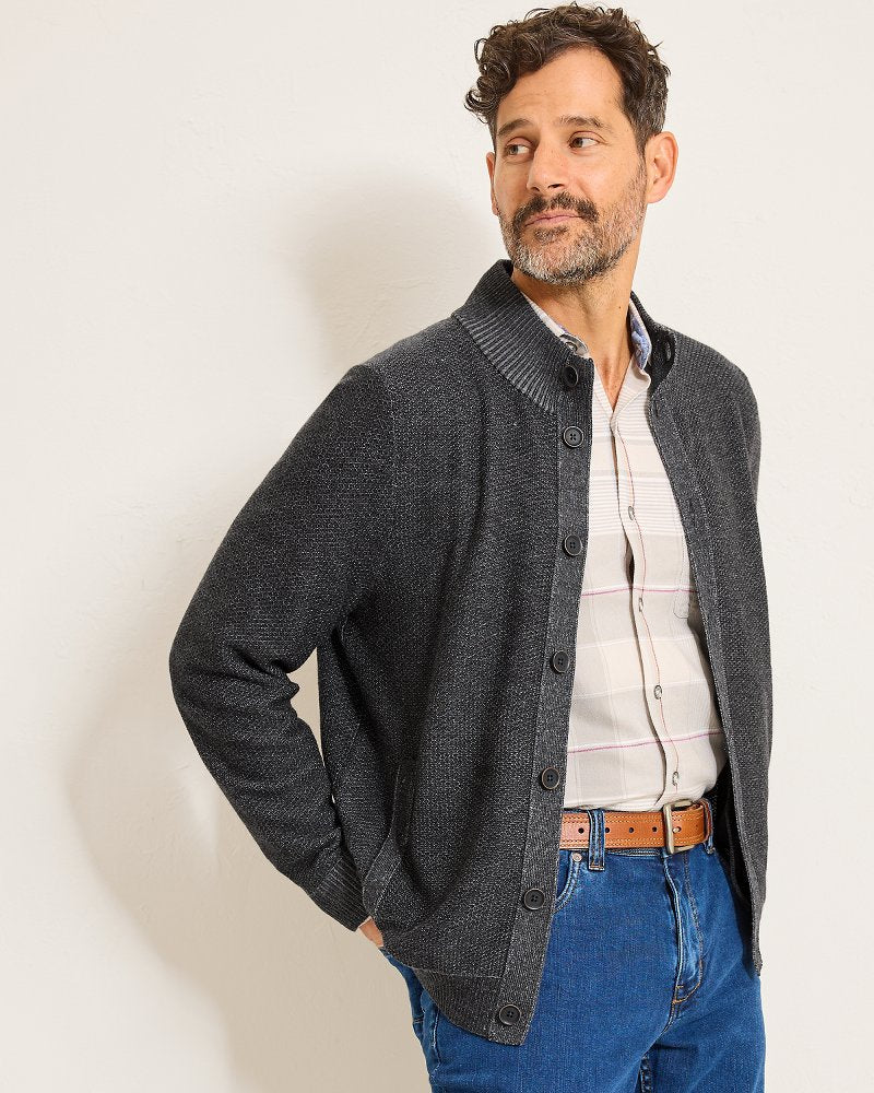 Crescent Shore IslandZone® Button-Mock Cardigan Charcoal | Tommy Bahama Featured - Crescent Shore IslandZone® Button-Mock Cardigan
