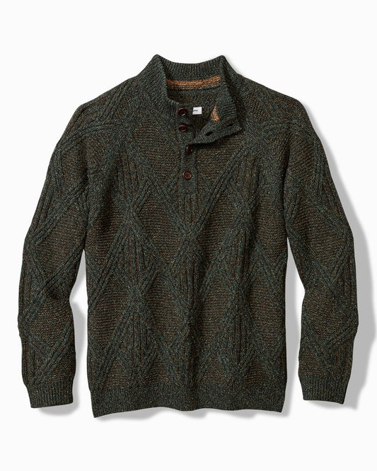 Beachscape Cable Button-Mock Sweater Dark Loden | Tommy Bahama Trusted - Beachscape Cable Button-Mock Sweater