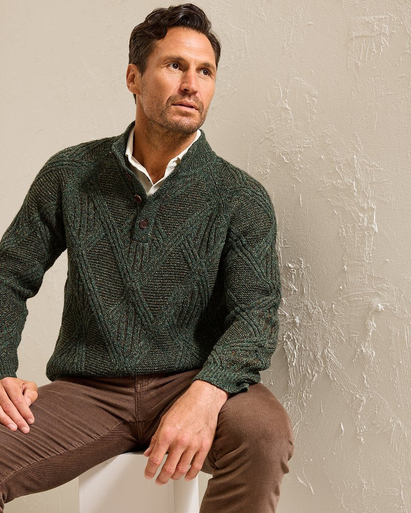 Beachscape Cable Button-Mock Sweater Dark Loden | Tommy Bahama Trusted - Beachscape Cable Button-Mock Sweater