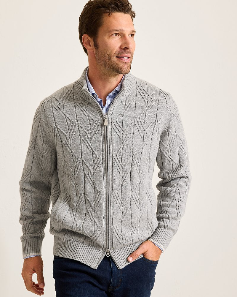 Capital Cable Full-Zip Cardigan Grey Heather | Tommy Bahama Signature - Capital Cable Full-Zip Cardigan