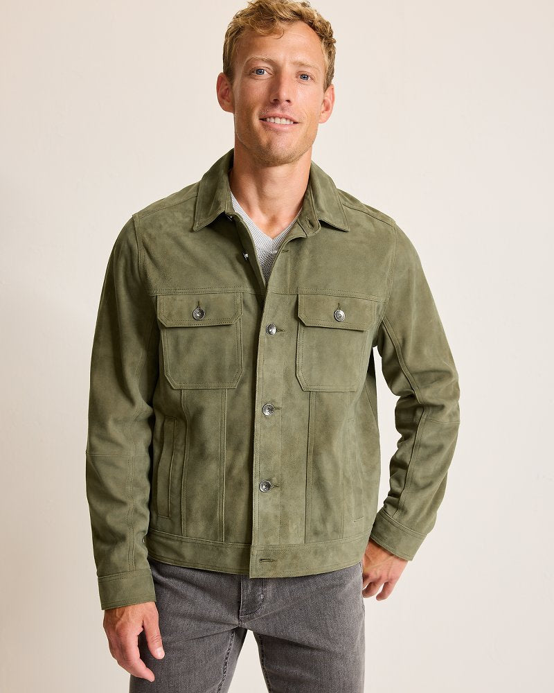 Pine Lake Suede Trucker Jacket Beetle Green | Tommy Bahama Essential - Pine Lake Suede Trucker Jacket