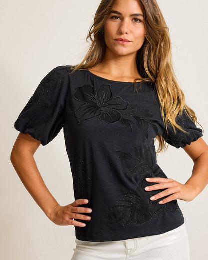Heritage Hibiscus Puff-Sleeve Lux T-Shirt Black | Tommy Bahama Smart Buy - Heritage Hibiscus Puff-Sleeve Lux T-Shirt