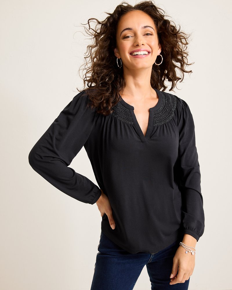 Kauai Long-Sleeve Smocked Top Black | Tommy Bahama Signature - Kauai Long-Sleeve Smocked Top