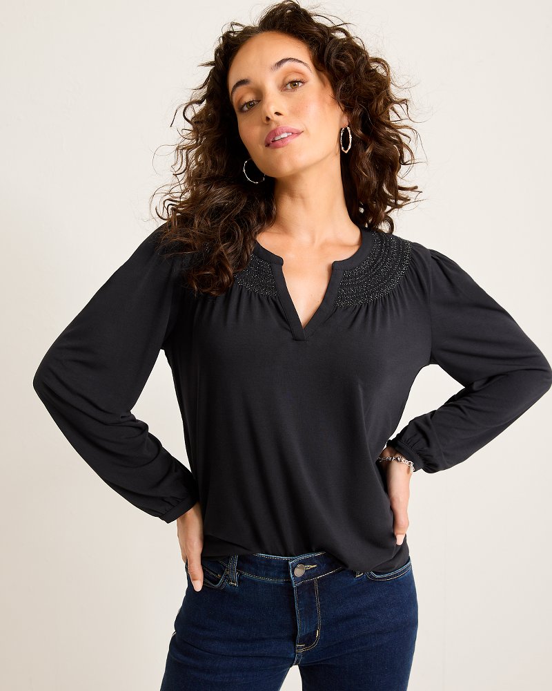 Kauai Long-Sleeve Smocked Top Black | Tommy Bahama Signature - Kauai Long-Sleeve Smocked Top