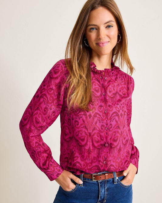 Seaside Ikat Long-Sleeve Ruffle-Neck Top Pink Papaya | Tommy Bahama Great Value - Seaside Ikat Long-Sleeve Ruffle-Neck Top