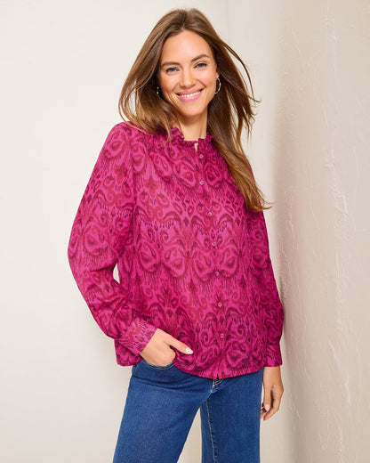 Seaside Ikat Long-Sleeve Ruffle-Neck Top Pink Papaya | Tommy Bahama Great Value - Seaside Ikat Long-Sleeve Ruffle-Neck Top