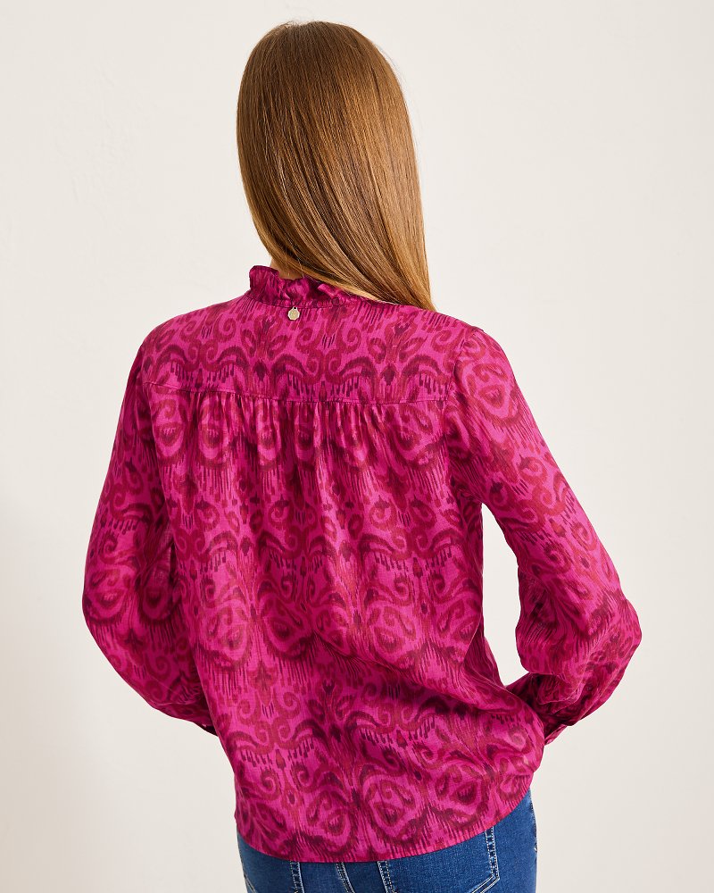 Seaside Ikat Long-Sleeve Ruffle-Neck Top Pink Papaya | Tommy Bahama Great Value - Seaside Ikat Long-Sleeve Ruffle-Neck Top