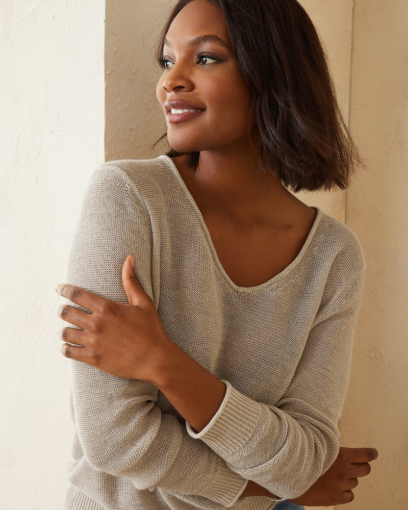 Cedar Linen Long-Sleeve V-Neck Sweater Natural | Tommy Bahama Deals - Cedar Linen Long-Sleeve V-Neck Sweater
