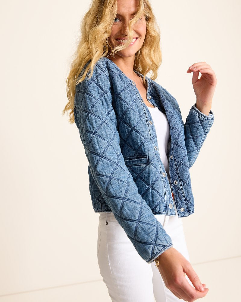 Quilted Cropped Denim Jacket Vintage Playa Wash | Tommy Bahama Signature - Quilted Cropped Denim Jacket