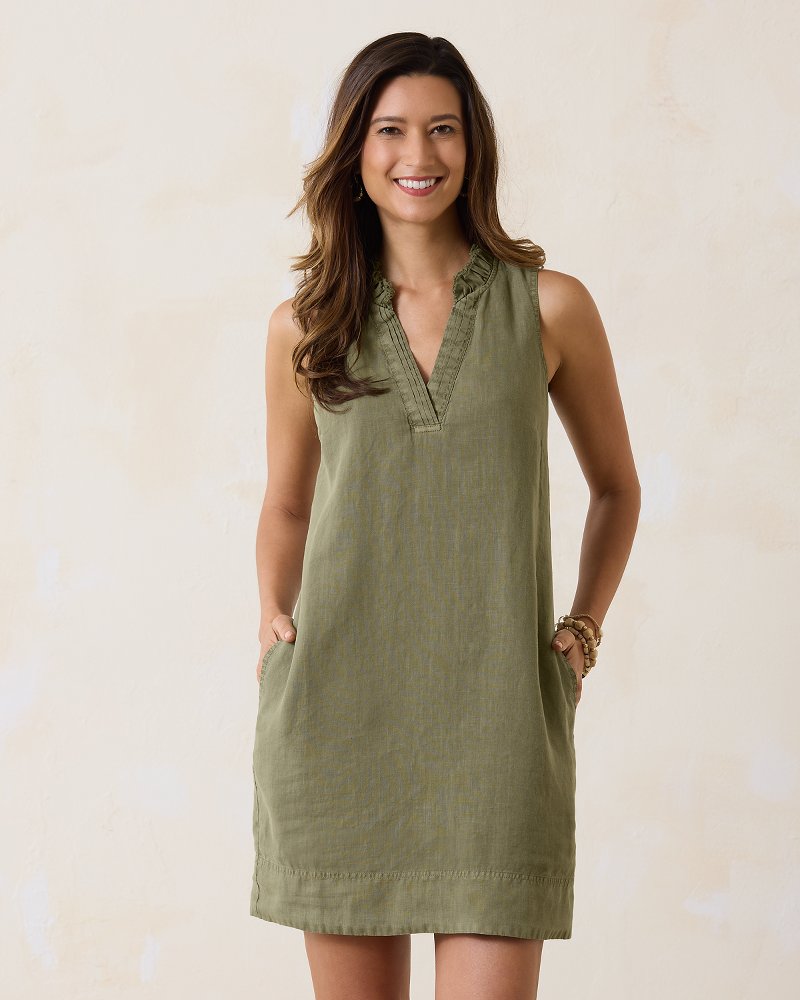Two Palms Double-Ruffle Linen Dress Tea Leaf | Tommy Bahama Trusted - Two Palms Double-Ruffle Linen Dress