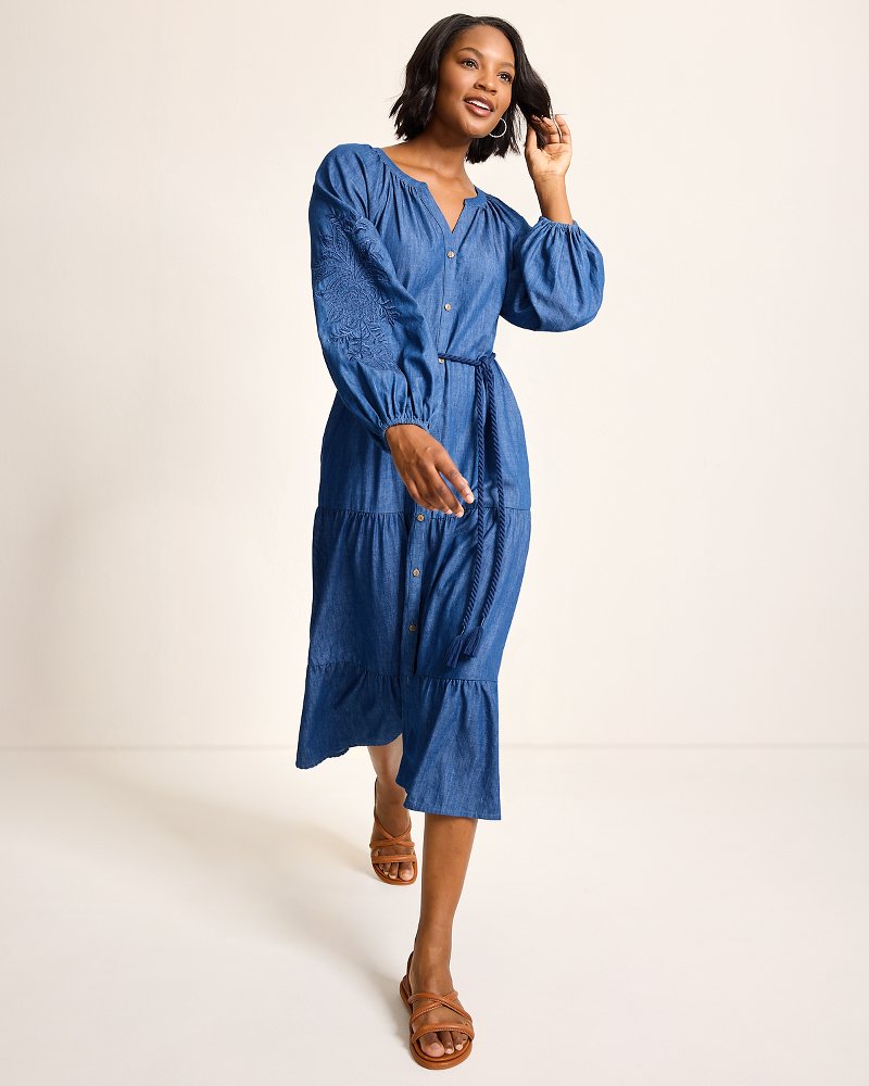 Indigo Cove Embroidered Midi Dress Dark Sky Wash | Tommy Bahama New - Indigo Cove Embroidered Midi Dress