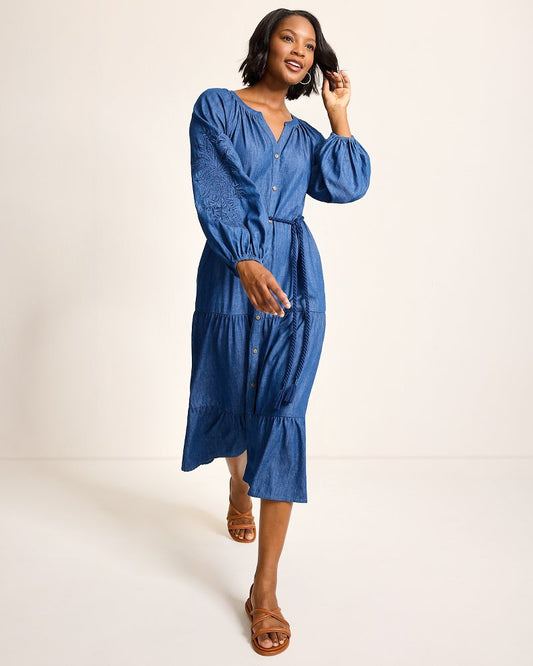 Indigo Cove Embroidered Midi Dress Dark Sky Wash | Tommy Bahama New - Indigo Cove Embroidered Midi Dress