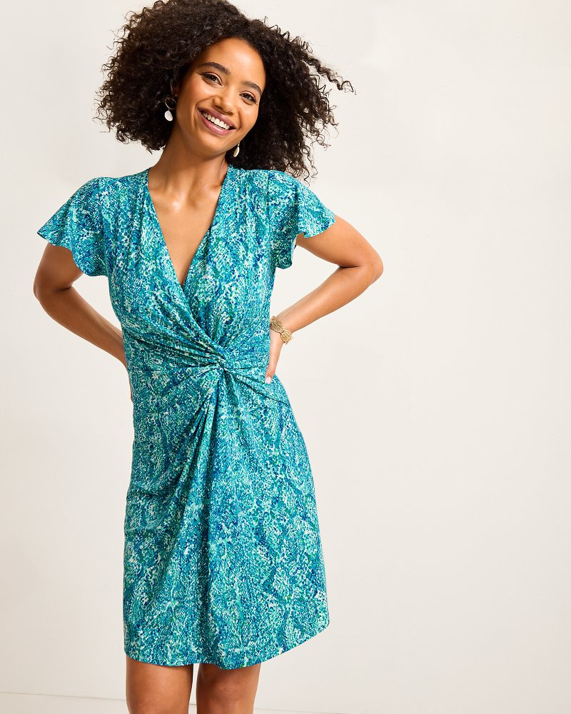 Clara Playa Python Short-Sleeve Faux-Wrap Dress Atlantis Teal | Tommy Bahama New - Clara Playa Python Short-Sleeve Faux-Wrap Dress