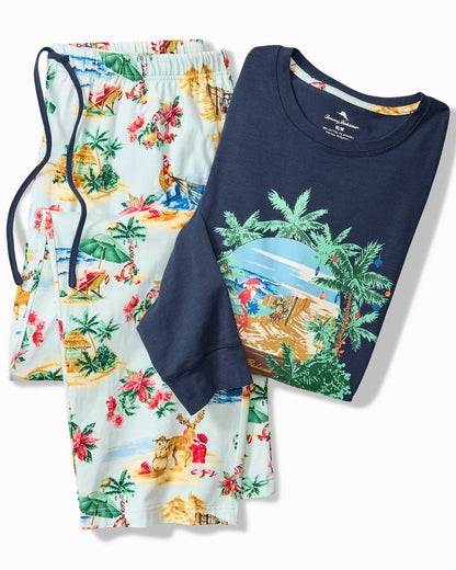 Holiday Santa Long Sleeve & Pants Pajama Set Aqua Ice | Tommy Bahama Recommended - Holiday Santa Long Sleeve & Pants Pajama Set