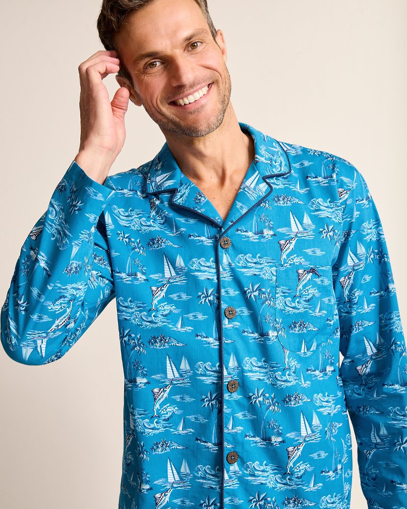 Woven Long Sleeve & Pants Pajama Set Slate Teal | Tommy Bahama Recommended - Woven Long Sleeve & Pants Pajama Set