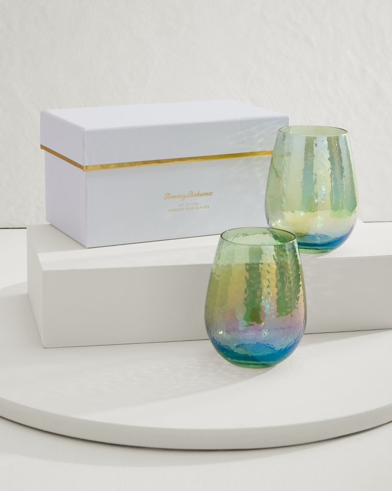 Luster Stemless Wine Glasses — Set of 2 Light Blue | Tommy Bahama New - Luster Stemless Wine Glasses — Set of 2