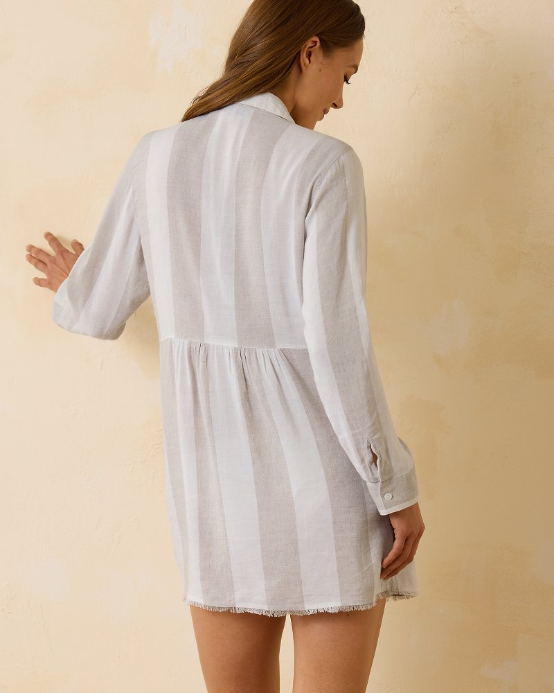 St. Lucia Linen-Blend Rugby Stripe Beach Shirt Med Khaki | Tommy Bahama Essential - St. Lucia Linen-Blend Rugby Stripe Beach Shirt