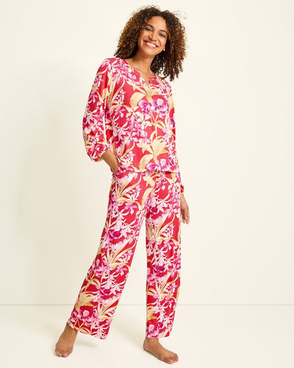 Jersey Split-Neck Long Sleeve & Pants Pajama Set Fuchsia Red | Tommy Bahama Customer Favorite - Jersey Split-Neck Long Sleeve & Pants Pajama Set